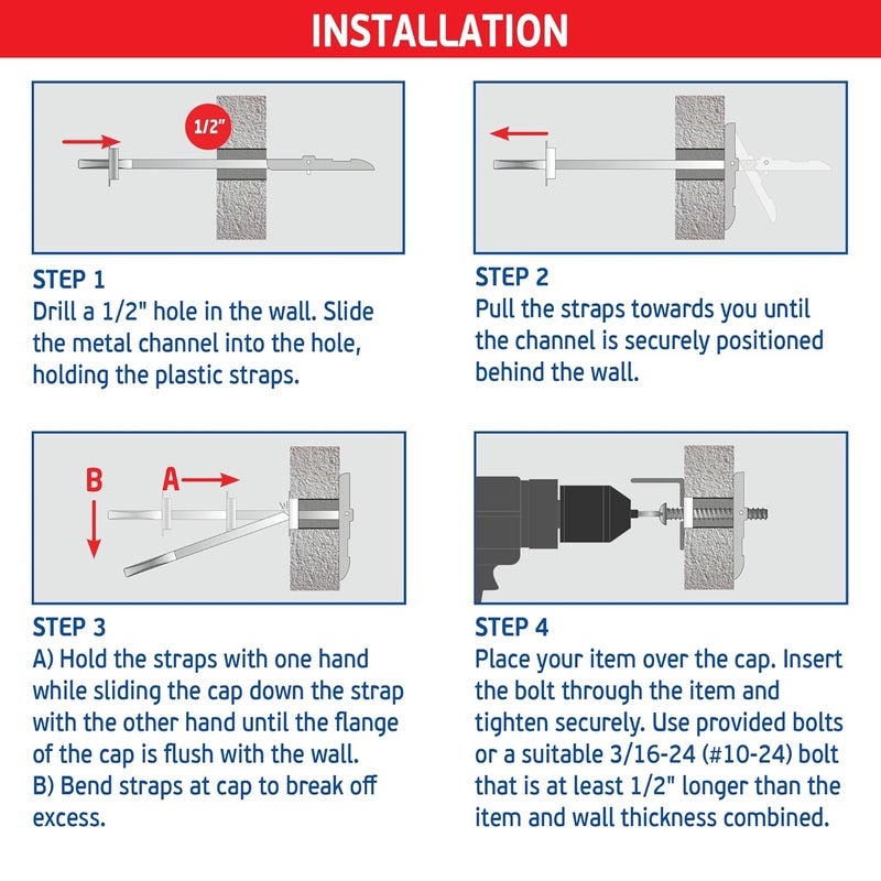 FixMaster 3/16" Heavy Duty Master Toggle-Bolt Strap Anchors (10 Pack) w/ 10 Steel Threaded Studs - 3/16"-24 UNC Fastener Size - Great for TV mounting, 240 lb Holding Strength - Image 5